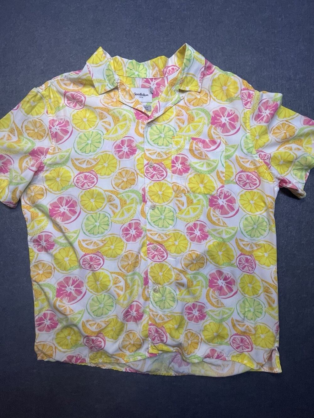 EXCELLENT Goodfellow & Co Men’s L Bright Citrus Fruit Hawaiian Camp Shirt Rayon